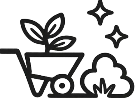 Black line art illustration of a shopping cart with a plant sprouting from its basket and sparkles above.