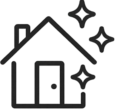 Black line-art illustration of a house with three diamond-shaped stars above it.