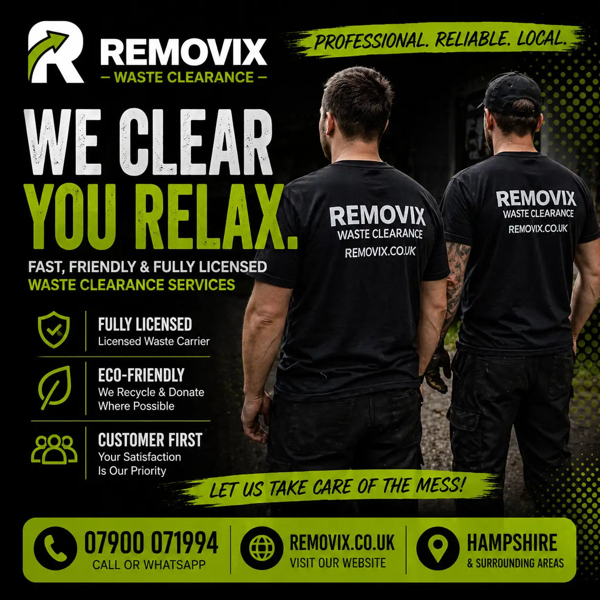 Black t-shirt with ’removix waste clearance’ printed in white text across the back.