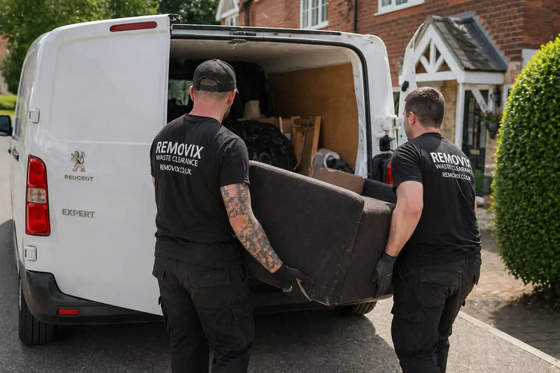 Black upholstered sofa being carried by two movers