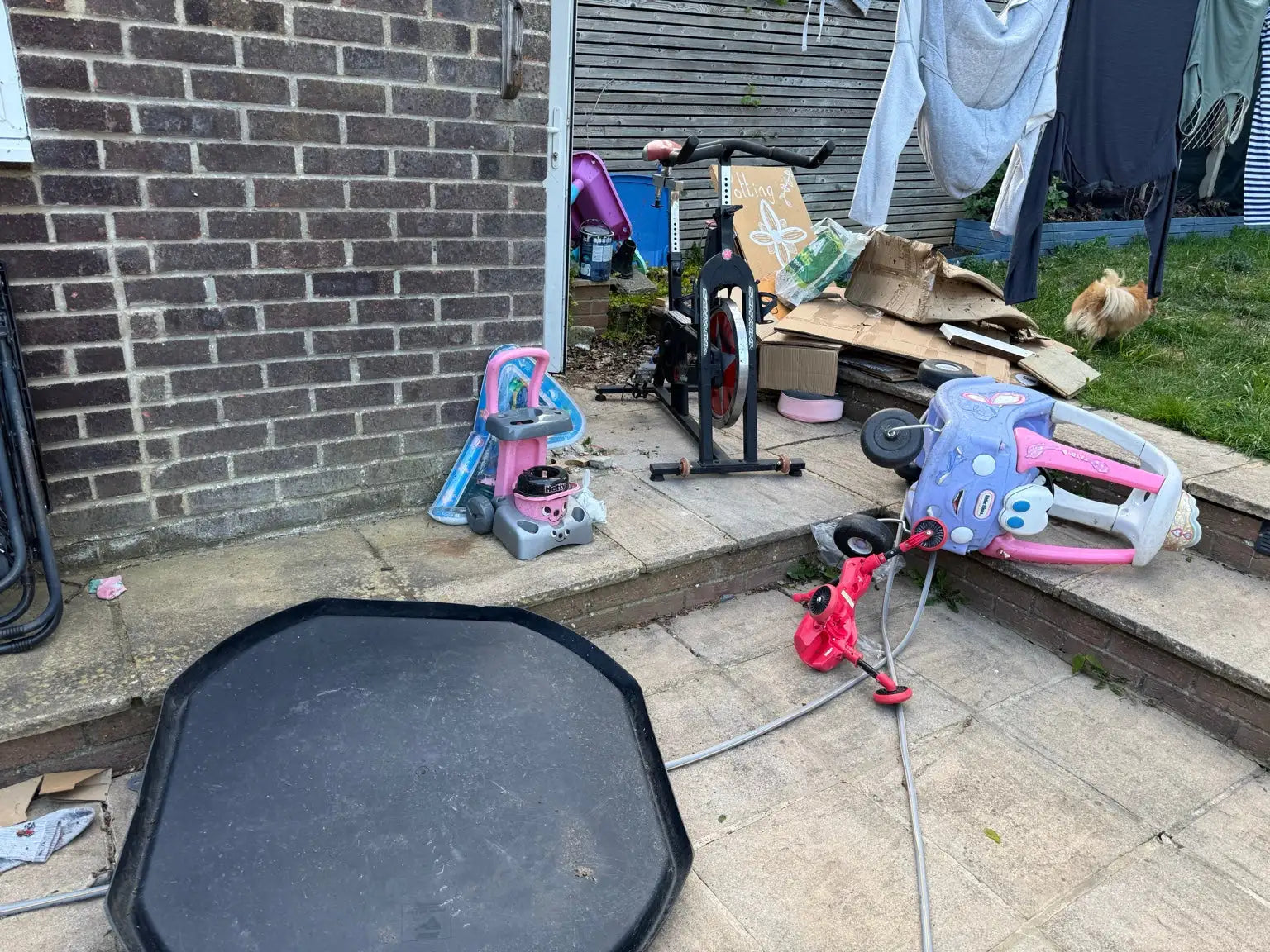Blue and pink plastic toy car with a red scooter nearby