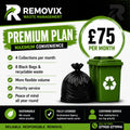 Green recycling bin with white recycle symbol and black trash bag beside it featured in the premium plan product