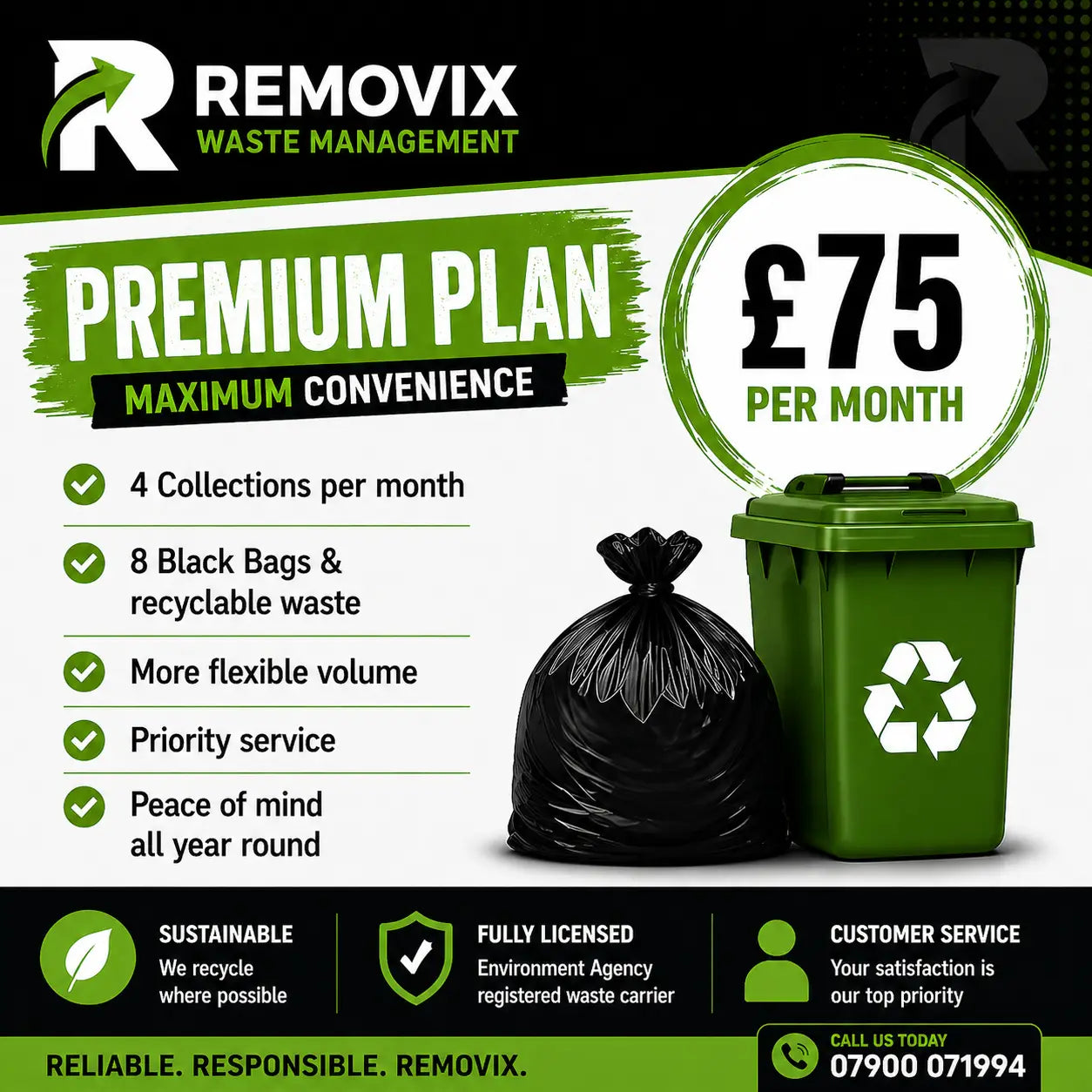Green recycling bin with white recycle symbol and black trash bag beside it featured in the premium plan product