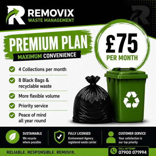 Green recycling bin with white recycle symbol and black trash bag beside it featured in the premium plan product