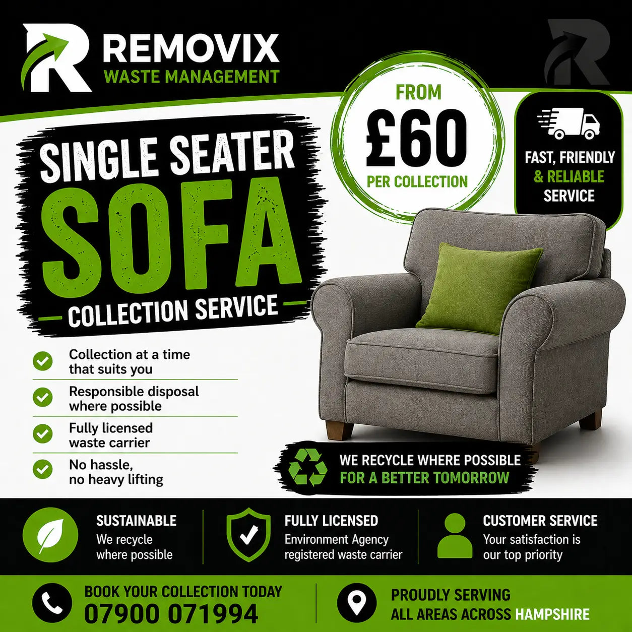 Gray fabric single seater sofa with a green cushion from the single seater sofa collection