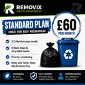 Blue recycling bin with white recycle symbol beside black trash bag for recyclable waste in standard plan for standard households