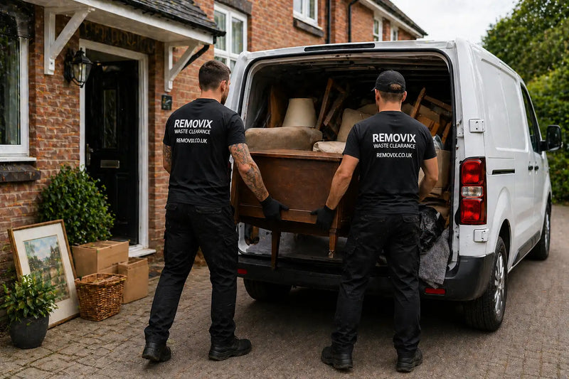 Two men in black ’removix waste clearance’ uniforms are loading a dark brown wooden piece of furniture into the back of a white van.