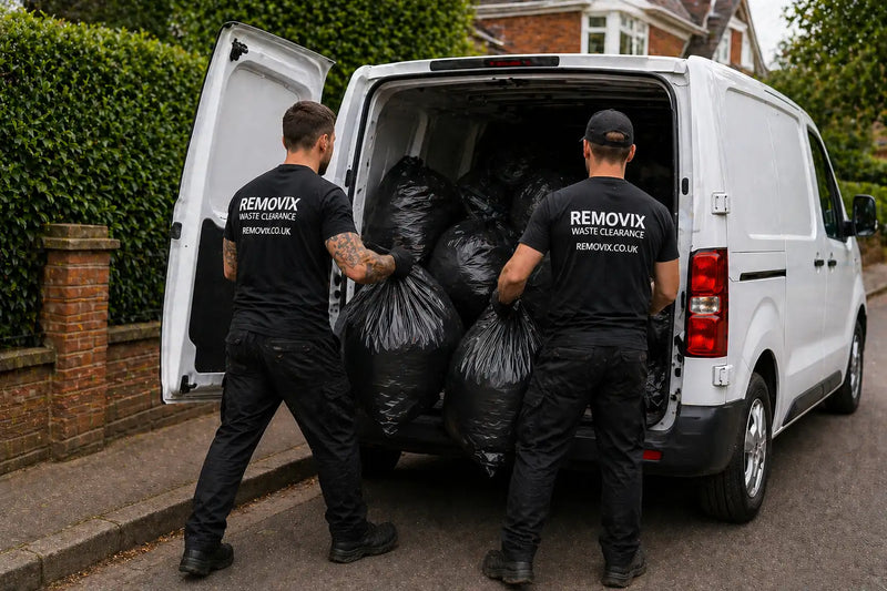 Two men in black ’removix waste clearance’ uniforms are loading large, glossy black plastic trash bags into the back of a white van.