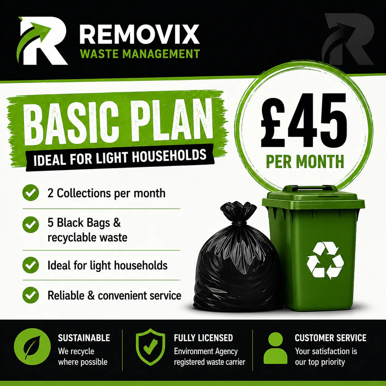 Green recycling bin with white recycle symbol for waste collection in waste disposal plans for light households